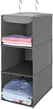 MaidMAX 3 Tiers Cloth Hanging Shelf Closet Organizer 2 Metal Hooks, Foldable, 24 Inches High (Gray)