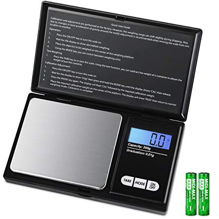 AMIR Digital Scientific Scale, 200g 0.01g/ 0.001oz Pocket Scale, Lab Instruments Scale with 7 Units, LCD Backlit Display, Tare Function, Auto Off, Stainless Steel & Slim Design (Battery Included)