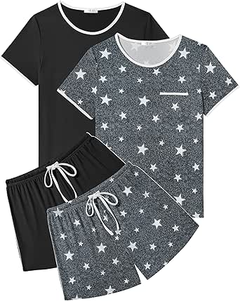 Ekouaer 2 Pack Womens Pajama Sets Short Sleeve Top with Shorts Soft Pj Comfy Sleepwear, Chest Pocket