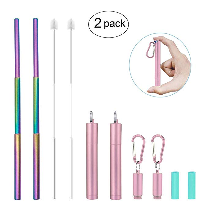 Reusable Stainless Steel Straws-OYUNKEY Portable Telescopic Drinking Metal Straws with Case,Cleaning Brush & Straight Straw Kit,3.9-9.3 inches,2 Pack