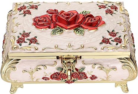 Hipiwe Metal Decorative Jewelry Box Vintage Treasure Chest Case Ornate Trinket Organizer Earrings Necklace Bracelet Storage Box Ring Holder Keepsake Box for Women Girls