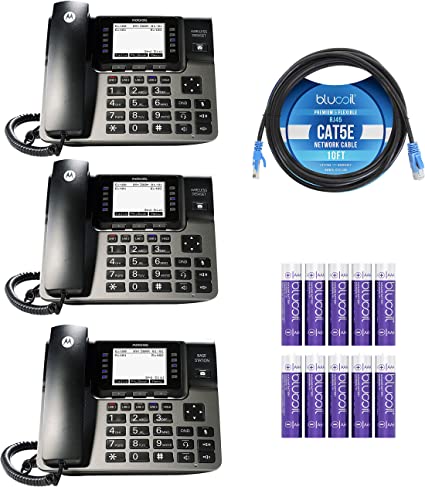 Motorola ML1002D (ML1000 x1, ML1100 x2) DECT 6.0 Expandable 4-Line Business Phone System with Digital Receptionist and Answering System Bundle with Blucoil 10-FT Cat5e Cable, and 10 AAA Batteries