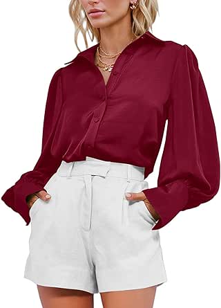 BTFBM Women Satin Button Down Shirts Summer Fall Lantern Long Sleeve Lapel V Neck Blouse Loose Casual Office Work Tops