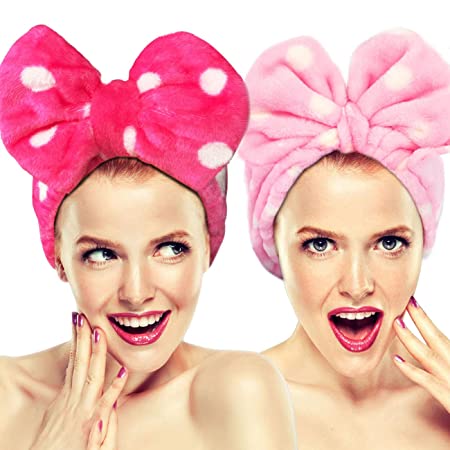 Hairizone Cosmetics Headbands for Washing Face Shower Spa Mask, Soft and Cute Big Bowknot Hair Bands for Women and Girls (Roseo/Pink)