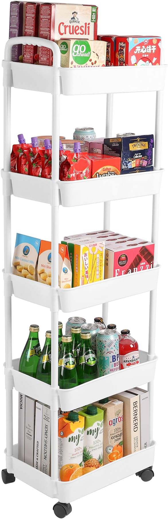 Vtopmart 5 Tier Rolling Cart with Wheels, Detachable Utility Storage Cart with Handle and Lockable Casters, Storage Basket Organizer Shelves, Easy Assemble for Bathroom, Kitchen, White