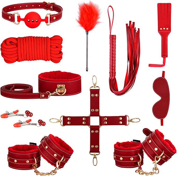 Sex Bondage BDSM Kit Restraints - UTIMI Upgrade 11PCS Sets with Adjustable Handcuffs Collar Ankle Cuff Blindfold Feather Tickler Adult Games Sex Toys for Men Women and Couples Foreplay | Red