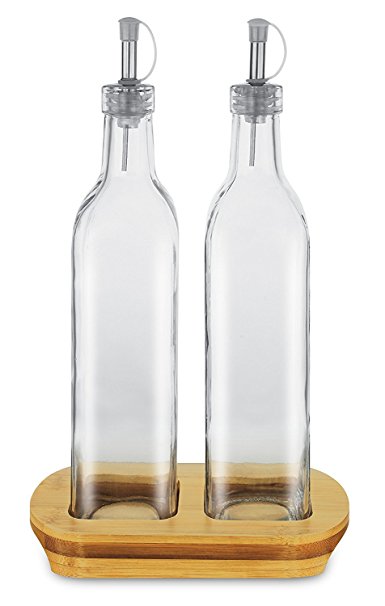 KOVOT Oil and Vinegar Dispenser Bottle Set with Bamboo Stand, Set of 2, 17 oz, Wood/Glass