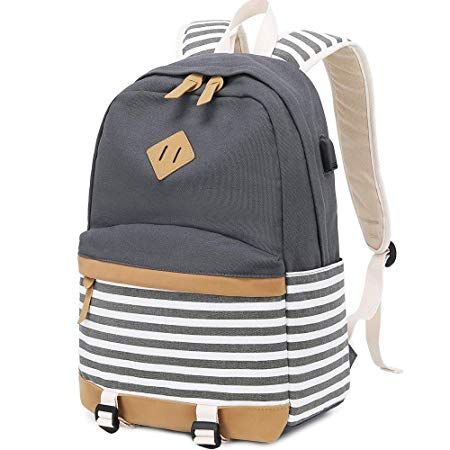 Canvas Travel Laptop Backpacks Womens College Backpack School Bag 15 inch USB Daypack Outdoor With Trolley Case Slot (Grey-A)
