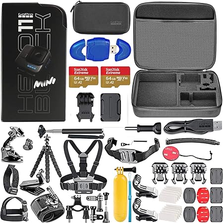 GoPro HERO11 (Hero 11) Black Mini - Waterproof Action Camera with 5.3K Ultra HD Video, 24.7MP Photos (CHDHF-111-TH)   2pc 64GB Memory Card, High Speed Card Reader   Hero 11 Action Bundle (59 Items)