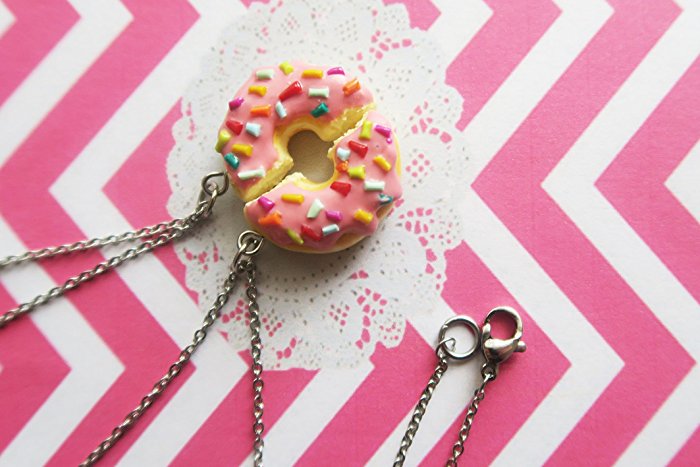 Donut friendship necklaces with pink frosting rainbow sprinkles - food jewelry, friendship necklaces, friend necklace, friendship necklace
