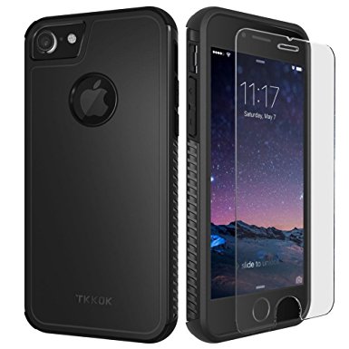 TKKOK iPhone 7 case, Slim Dual layer Heavy Duty Rugged Scratch-Resistant Shockproof Non-slip Grip Protective Case Cover [Tempered Glass Screen Protector Included] for iPhone 7-Black