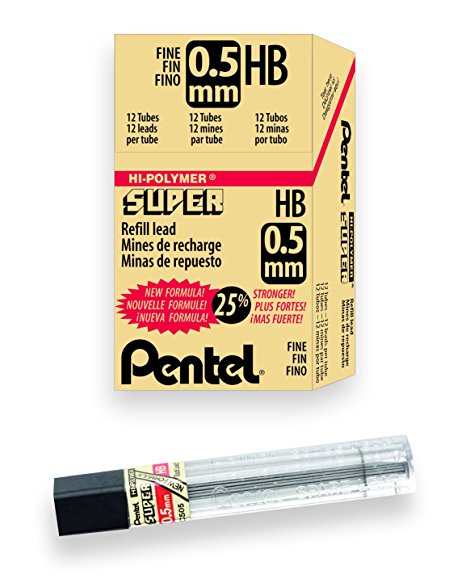 Pentel Super Hi-Polymer Lead Refills, 0.5mm, HB, Black, 12 Leads per Tube (C505-HB)