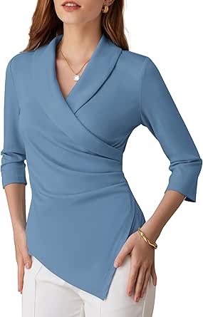 GRACE KARIN Women's V Neck Casual Work Tops 3/4 Sleeve Office Dressy Blouse Top Asymmetrical Elegant Shirts