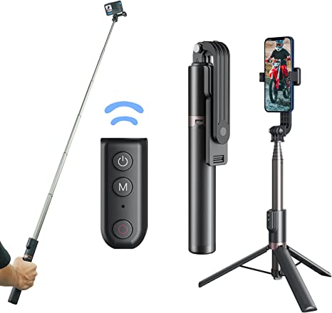 TELESIN 51.2"/1.3M Long Selfie Stick Tripod with Remote, Extension Aluminum Vlog Pole Monopod with Phone Holder Clip for GoPro Max Hero 11 10 9 8 Mobile Phone Action Cameras