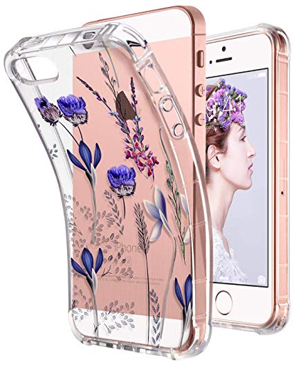 ULAK Floral iPhone SE Case Clear, iPhone 5s case, iPhone 5 case, Clear Slim Fit 5/5S/SE Case with Transparent Flexible Soft TPU Bumper Shock-Absorption Cover -Retail Packaging - Romantic Lavender