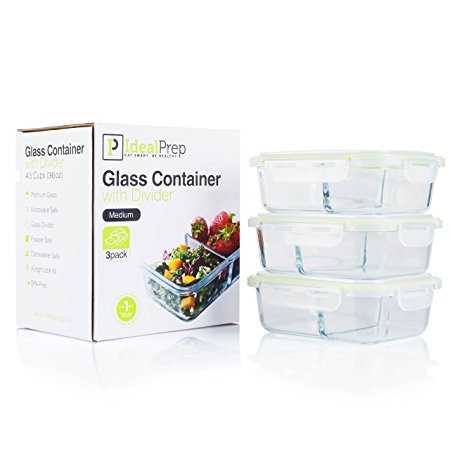 Glass Meal Prep Food Storage Containers Set - 2 Compartment Dishes with Extra High Divider - BPA Free, Microwavable, Perfect Portion Control Lunch Boxes - 3 Pack, Medium - Updated 2018 Version