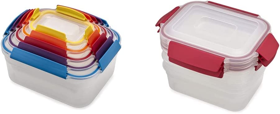 Joseph Joseph Nest Lock Plastic Food Storage Container Set with Lockable Airtight Leakproof Lids, 10-Piece, Multi-Color & Nest Lock Plastic Food Storage Container Set 6-Piece Set/37oz, Red