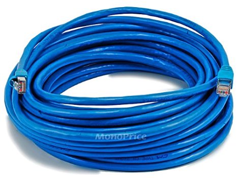 Monoprice 50FT 24AWG Cat6A 500MHz STP Ethernet Bare Copper Network Cable - Blue