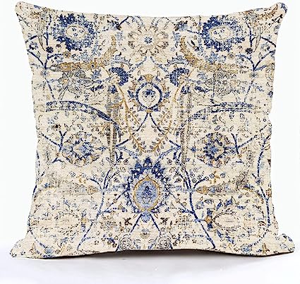 Snycler Boho Pillow Covers 18x18 Inch Geometric Tribal Carpet Pattern Throw Pillows Covers Yellow Blue Distressed Vintage Outdoor Decorative Cushion Covers