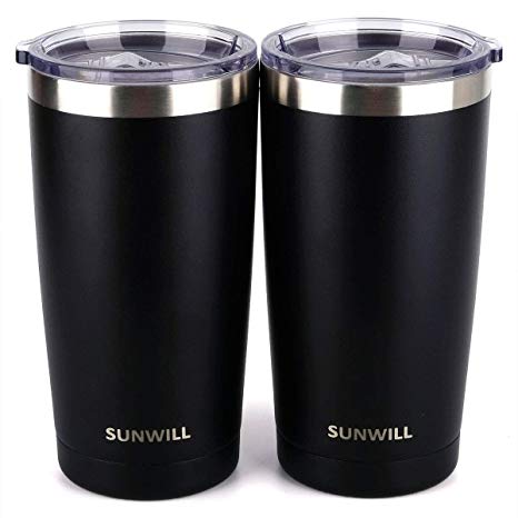 SUNWILL 20oz Tumbler with Lid (Powder Coated Black 2 pack), Stainless Steel Vacuum Insulated Double Wall Travel Tumbler, Durable Insulated Coffee Mug, Thermal Cup with Splash Proof Sliding Lid