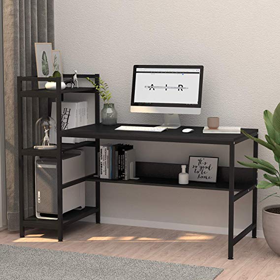 Computer Desk with 4 Tier Storage Shelves - 41.7'' Student Study Table with Bookshelf Modern Wood Desk with Steel Frame for Small Spaces Home Office Workstation Black