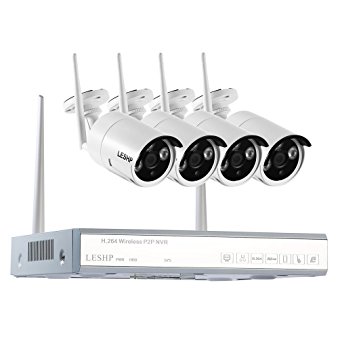 Wireless Security Camera System, LESHP Home Surveillance Security Camera Weatherproof Video Recorder NVR 4 x 1.3MP Weatherproof with 4CH 960P Network IP Cameras 1T HDD for Indoor, Outdoor