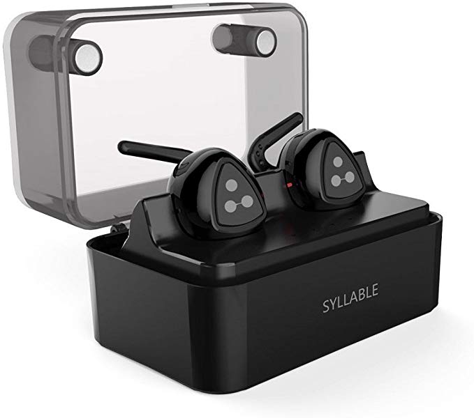 Syllable Wireless Earbuds with Mic, Sports Headphones Earphones with Charging Box for Running- Black