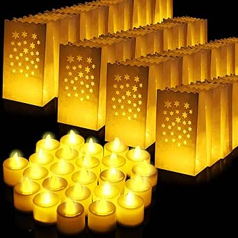 50 Set Luminary Paper Bags with Flameless Tea Lights, Christmas LED Tea Light Flameless Candle with Luminaries Candle Bag for Birthday Wedding Halloween Christmas Thanksgiving Party Decor (Star)