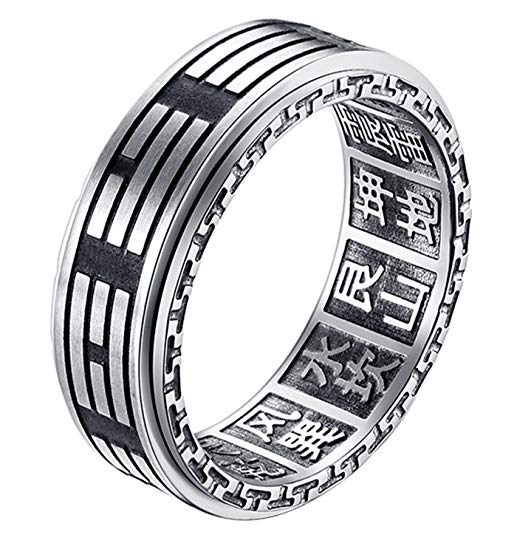 ALEXTINA Men's 8MM Stainless Steel Yin Yang Spinner Ring Ba Gua Feng Shui Eight Trigrams Signet Band