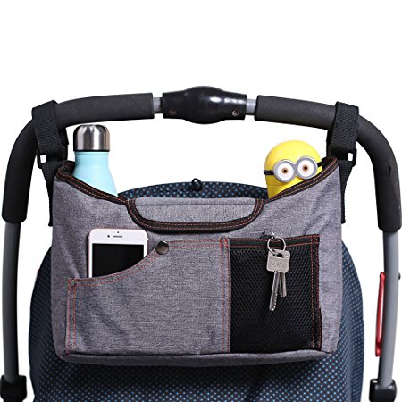 AMZNEVO Best Universal Baby Jogger Stroller Organiser Bag / Buggy Parent console with Shoulder Strap, Two Cup Holders. Extra Storage Space for the Pram Accessories (Grey)