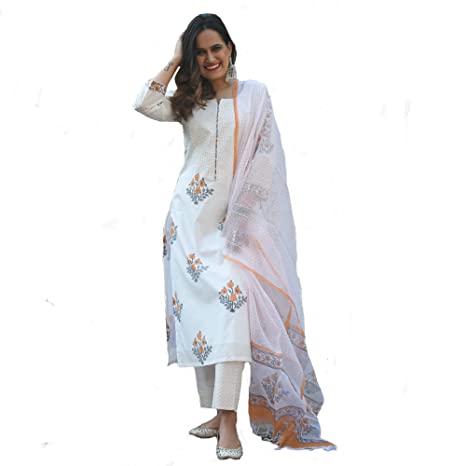 ROYAL EXPORT Women's Floral Printed Calf Length Kurta with Pant & Dupatta for Festival wear