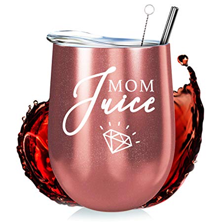 Mom Stainless Steel Wine Tumbler - 12oz with Steel Straw, BPA Free Lid, & Straw Cleaning Brush - Stemless Insulated Wine Tumbler with Lid - Gift for Mothers who Love Coffee, Tea - Mom Juice