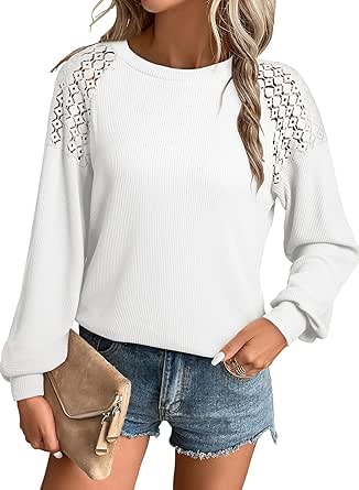 EVALESS Womens Long Sleeve Tops Dressy Casual Crewneck Waffle Knit Lace Patchwork T Shirts for Women Loose Blouses