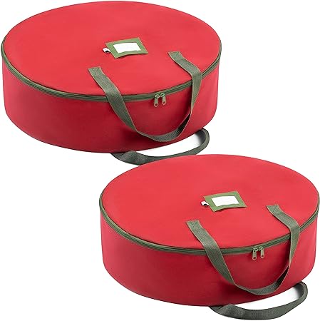 ZOBER Christmas Wreath Storage Container - 36 Inch Wreath Bag for Artificial Wreaths - Dual Zippered Wreath Storage W/Strong, Durable Handles - 2 Pack (Red)