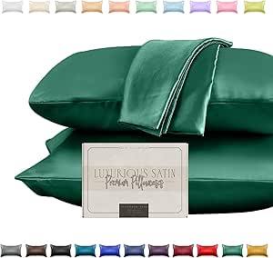 Elegant Comfort Silky and Luxurious 2-Piece Satin Pillowcase Set for Healthier Skin and Hair, Hidden Zipper Closure and Beautifully Packaged, Satin Pillowcase Set, King, Hunter Green