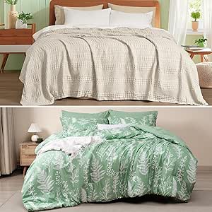 PHF Cooling Waffle Blanket Printed Comforter Set 3PCS Queen Size