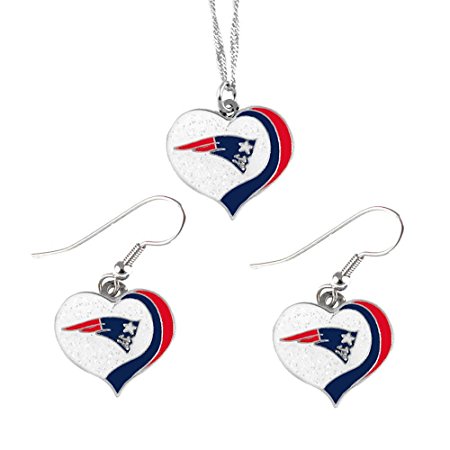 New England Patriots Sports Team Logo Glitter Heart Necklace and Earring Set