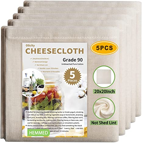 Olicity Cheesecloth, 20x20 Inch, Grade 90, 100% Unbleached Pure Cotton Muslin Cloth for Straining, Ultra Fine Reusable Hemmed Edge Cheese Cloth Fabric Strainer for Cooking, Honey Filtering (5 Pieces)