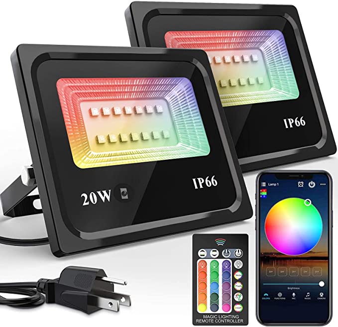 2 Pcs LED Floodlight Outdoor 20W, Cshidworld Smart Floodlight Color Changing, RGBW Warm White & 16 Million Colors, 20 Modes, IP66 Waterproof, UK 3-Plug