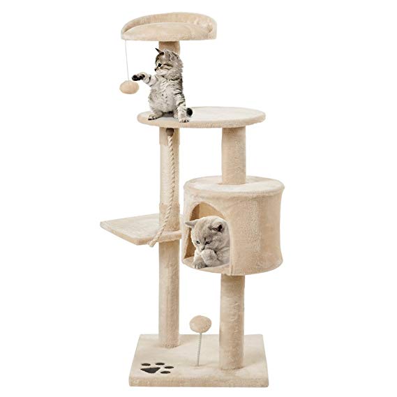 PURLOVE® 3 Tier Kitten Cat Tree with Scratching Post Cat Climbing Tower Activity Centre Cat Scratcher Furniture (Beige)