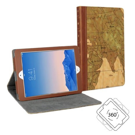 iPad Air 2 Case, GMYLE Book Case Vintage 360 for iPad Air 2 - Brown World Map Pattern PU Leather Rotating Swivel Case Cover