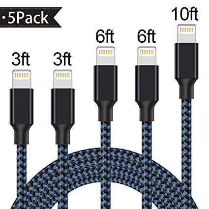 Lightning Cable,ONSON Charger Cables 5Pack 3FT 3FT 6FT 6FT 10FT to USB Syncing and Charging Cable Data Nylon Braided Cord Charger for iPhone 7/7 Plus/6/6 Plus/6s/6s Plus/5/5s/5c/SE and more-BlackBlue