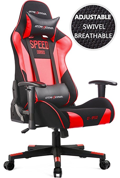 GTracing Fabric And PU Gaming Chair Fabric And PU Racing Chair Backrest And Height Adjustable E-sports Chair Ergonomic Computer Office Chair Furniture With Pillows (Black/Red)