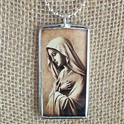 Virgin Mary Spanish Religious Holy Cards Vintage Art Soldered Glass Pendant Charm Necklace