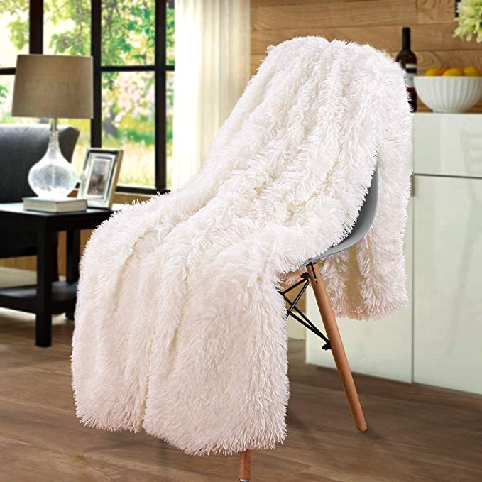 Merit Home Shag with Sherpa Reversible Warm Throw Blanket, Ultra Soft, Cozy Plush Luxury Fuzzy Longfur Blanket, Hypoallergenic and Washable Couch Bed Fluffy Furry Throws Photo Props, 50x60-Ivory White