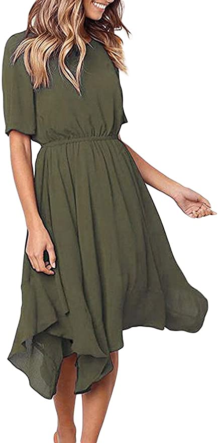 Alaster Women’s Chiffon Short Sleeve Casual Midi Dress Irregular Hem Summer Dress