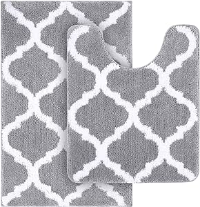 OLANLY Bathroom Rugs Set 2 Piece Microfiber Bath Shower Mat and U-Shaped Toilet Rug, Machine Wash Dry, Non-Slip Absorbent Shaggy Bath Rug for Tub, Shower and Bath Room (24"x16" 24"x20", Grey)