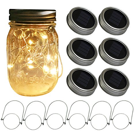 Solar Mason Jar Lids Lights,6-Pack Lid Lights and 6 Hangers Included(Jars Not Included), Solar Fairy Firefly Led Lights Lids Insert, Fit Regular Mouth Mason Jars for Patio Garden Decor Solar Laterns
