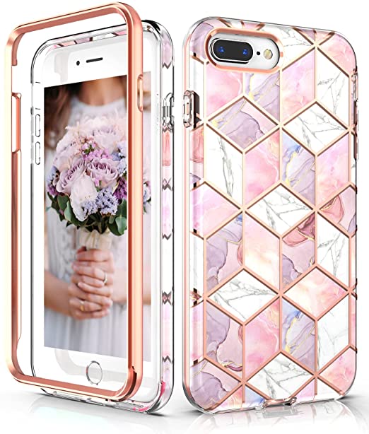 Hasaky Case for iPhone 8 Plus Case iPhone 7 Plus Case iPhone 6/6s Plus Case,Dual Layer Hybrid Bumper Cute Girls/Women Marble Design Soft TPU Hard Back Shockproof Protective Phone Case -Pink/Rose Gold