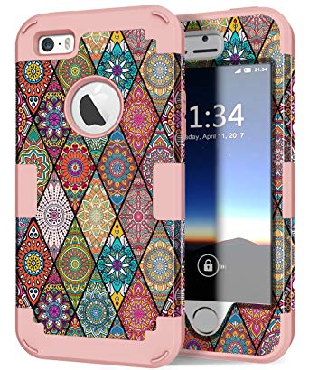 iPhone 5s Case, iPhone SE Case, Hocase Heavy Duty Shockproof Protection Hard Plastic Silicone Rubber Bumper Dual Layer Full-Body Protective Phone Case for iPhone SE/5s/5 - Mandala/Rose Gold